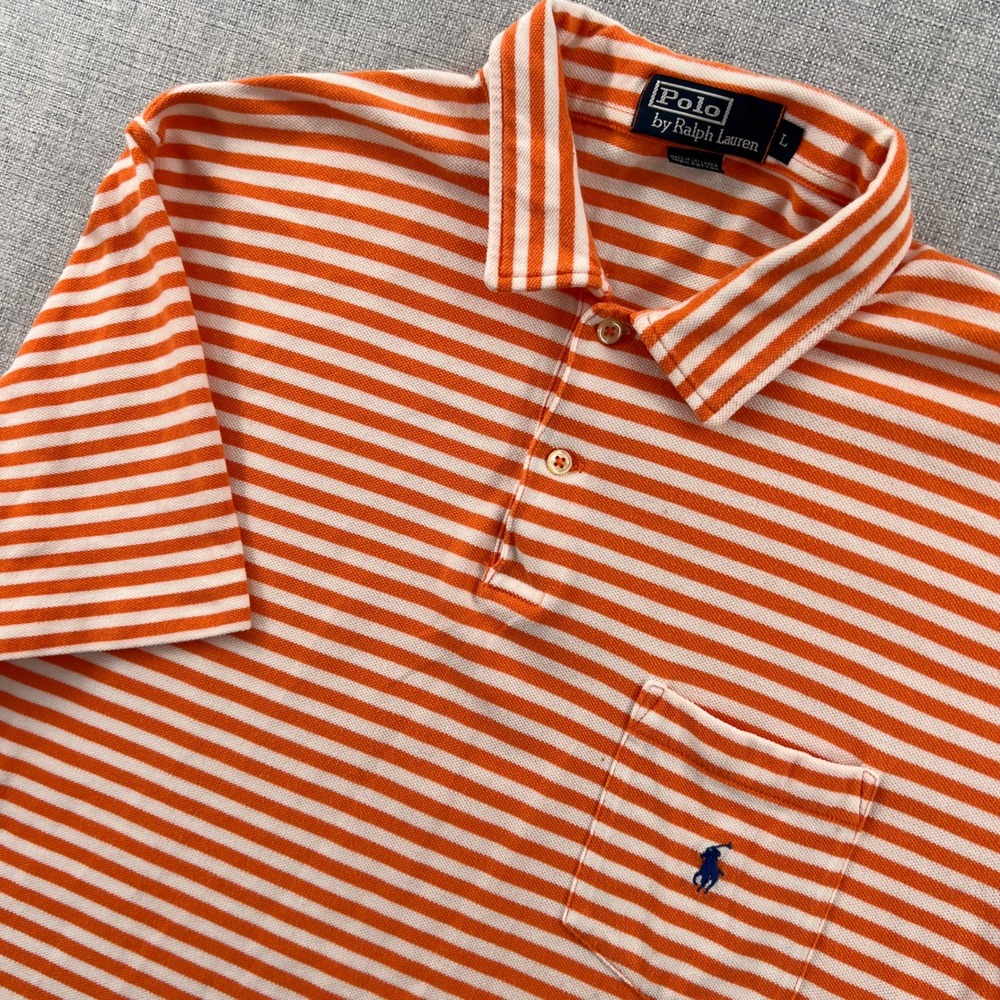VTG Y2K Polo Ralph Lauren Striped Pocket Polo Shirt Men Large Orange Prep Golf
